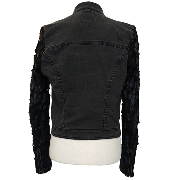 Sam Edelman Black Denim Moto Jacket Contrast Cutout Faux Leather Sleeves Unique - Picture 2 of 12